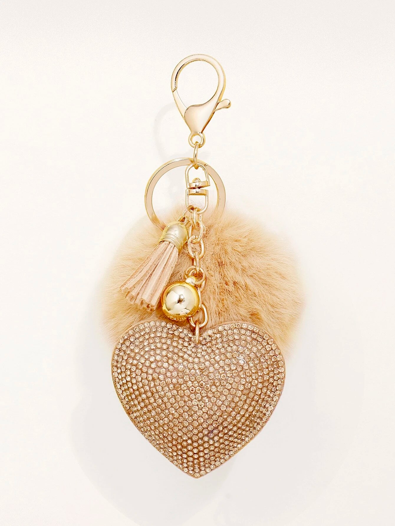 Pom Pom Charm & Rhinestone Heart Keychain