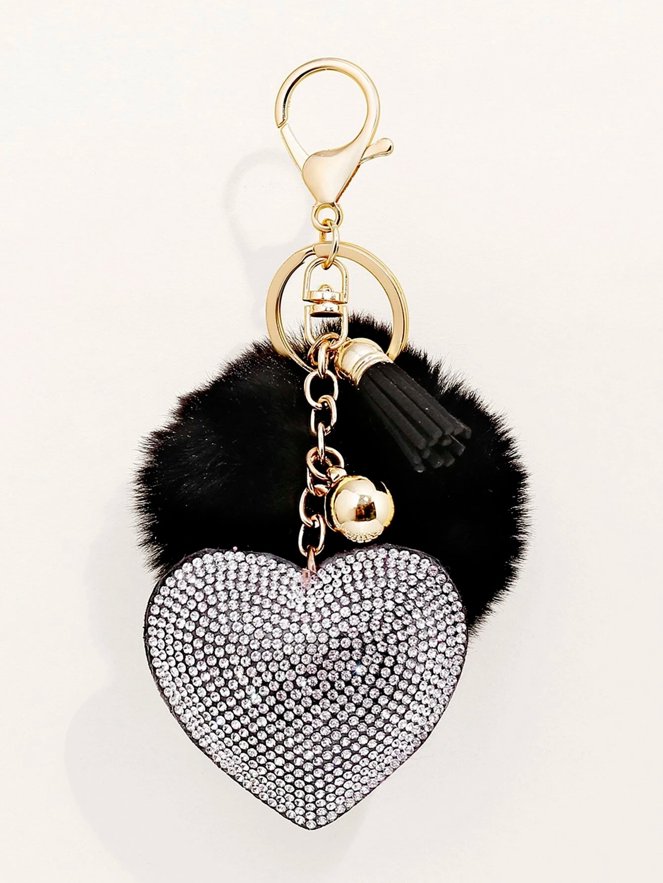 Pom Pom Charm & Rhinestone Heart Keychain