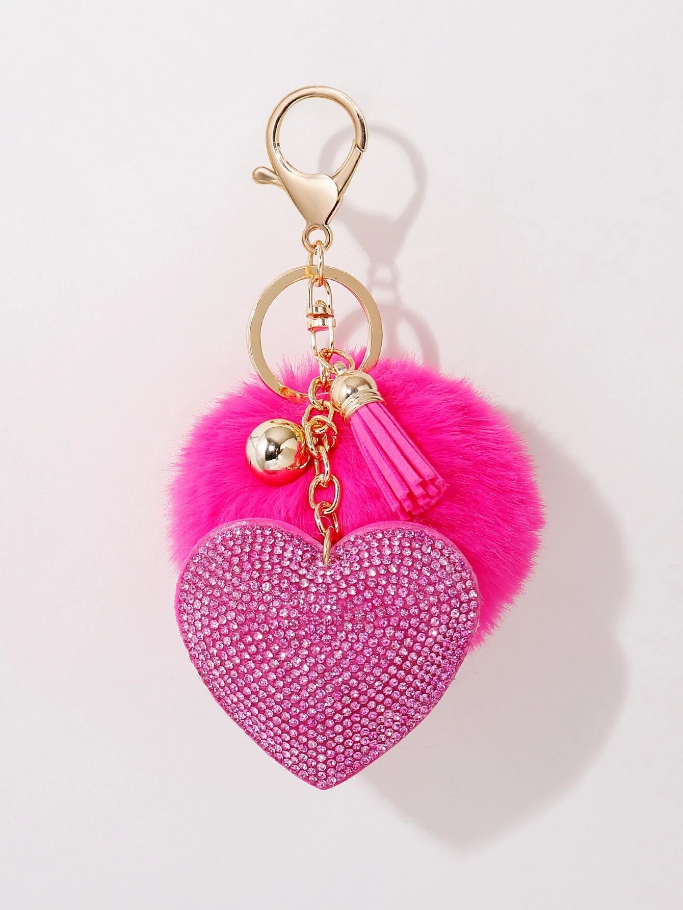 Pom Pom Charm & Rhinestone Heart Keychain