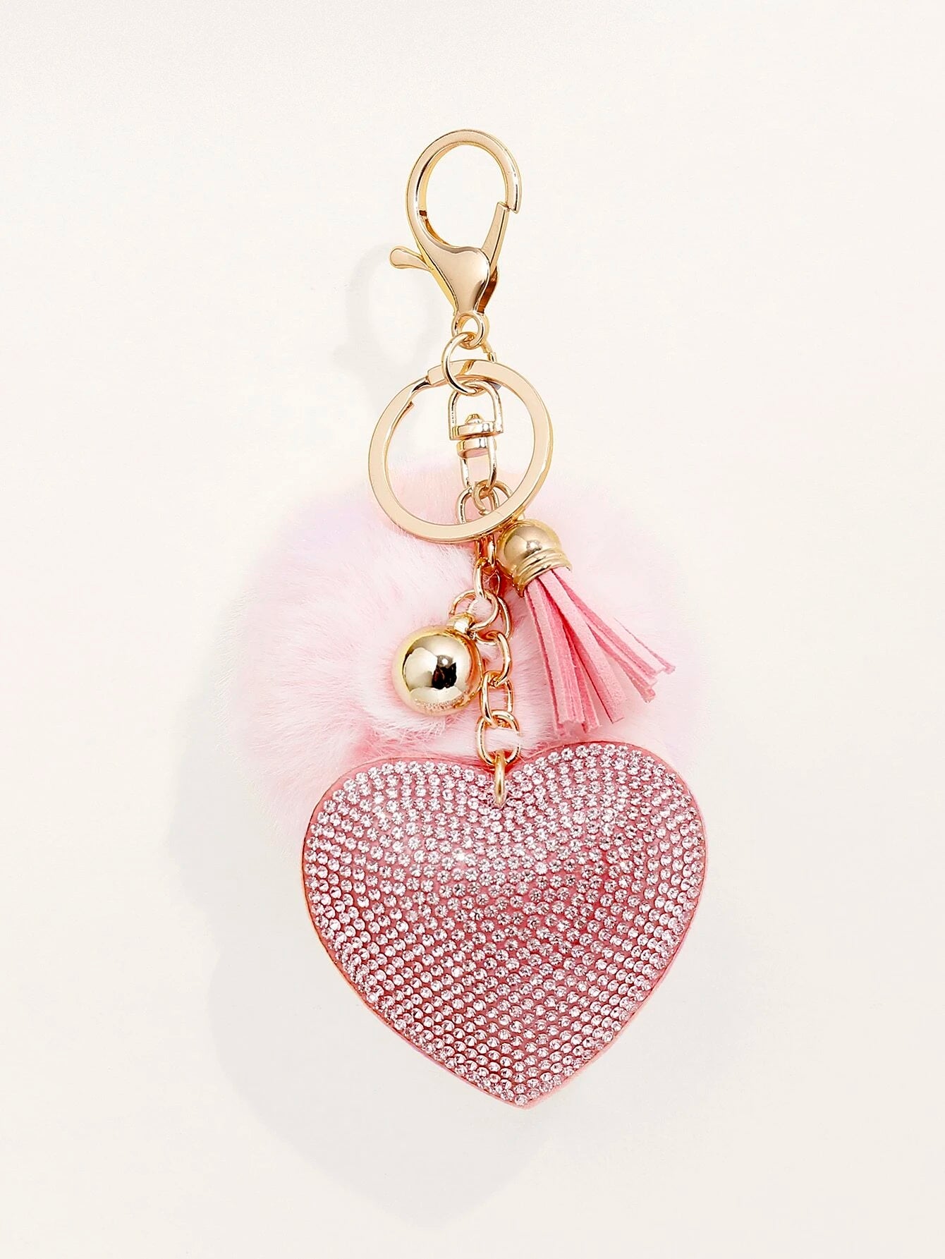 Pom Pom Charm & Rhinestone Heart Keychain