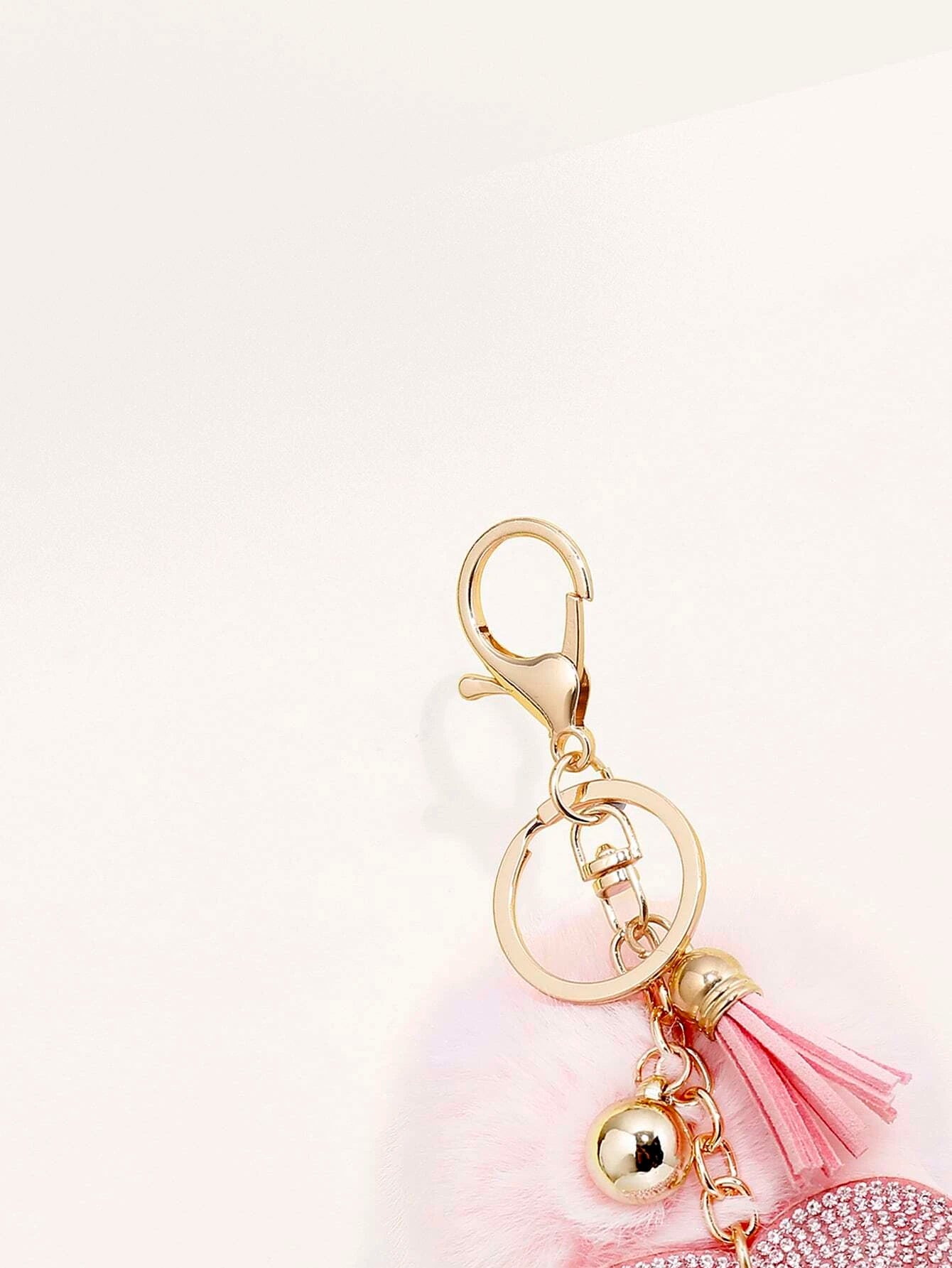 Pom Pom Charm & Rhinestone Heart Keychain